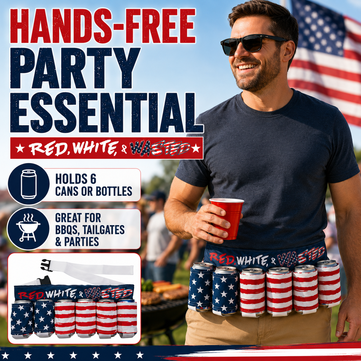 Party-Ready Drink Belt – Hands-Free 6-Can Beer & Soda Carrier 🇺🇸🍺