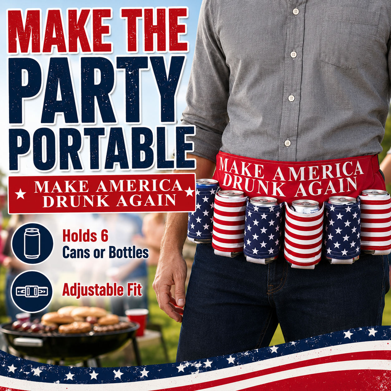 Party-Ready Drink Belt – Hands-Free 6-Can Beer & Soda Carrier 🇺🇸🍺