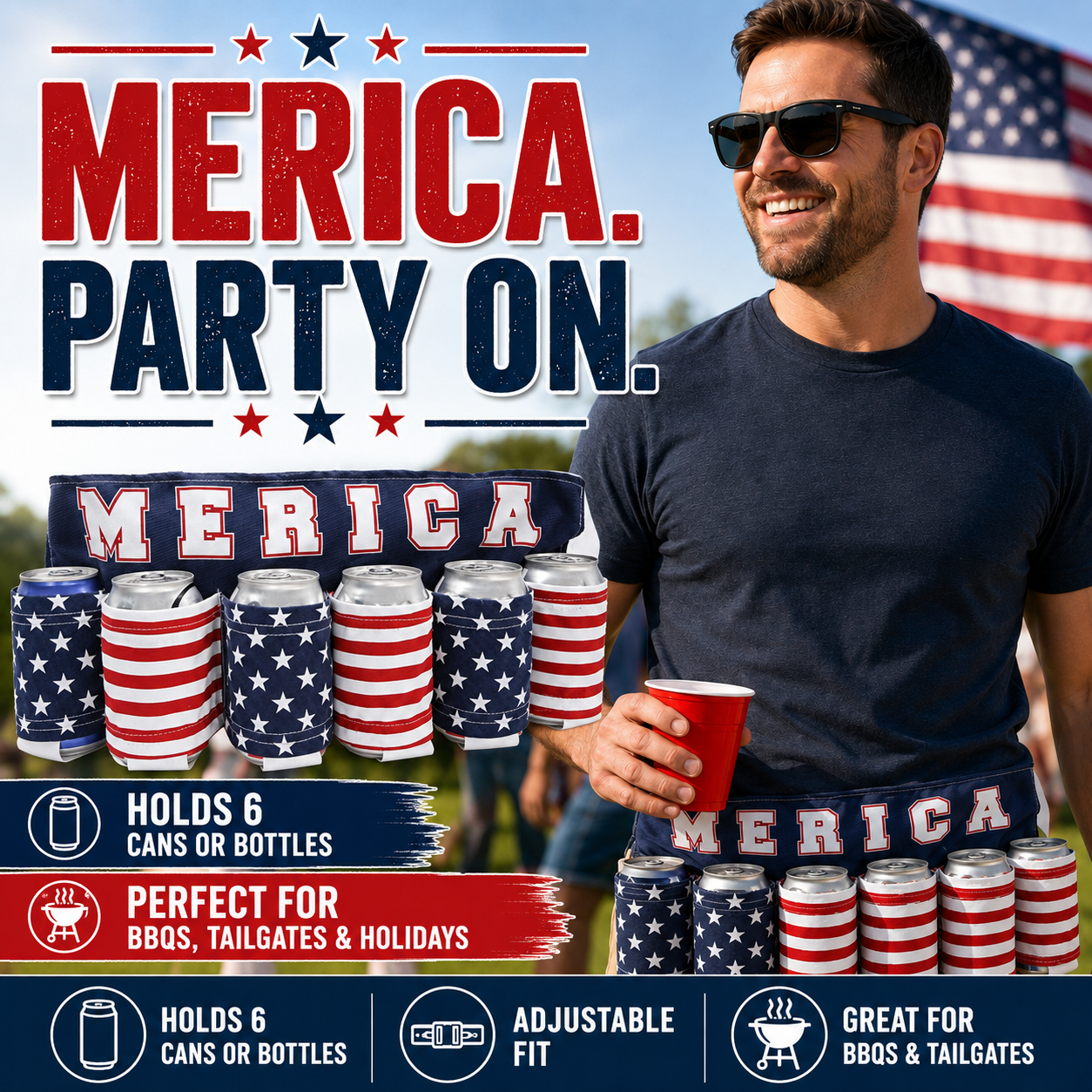 Party-Ready Drink Belt – Hands-Free 6-Can Beer & Soda Carrier 🇺🇸🍺