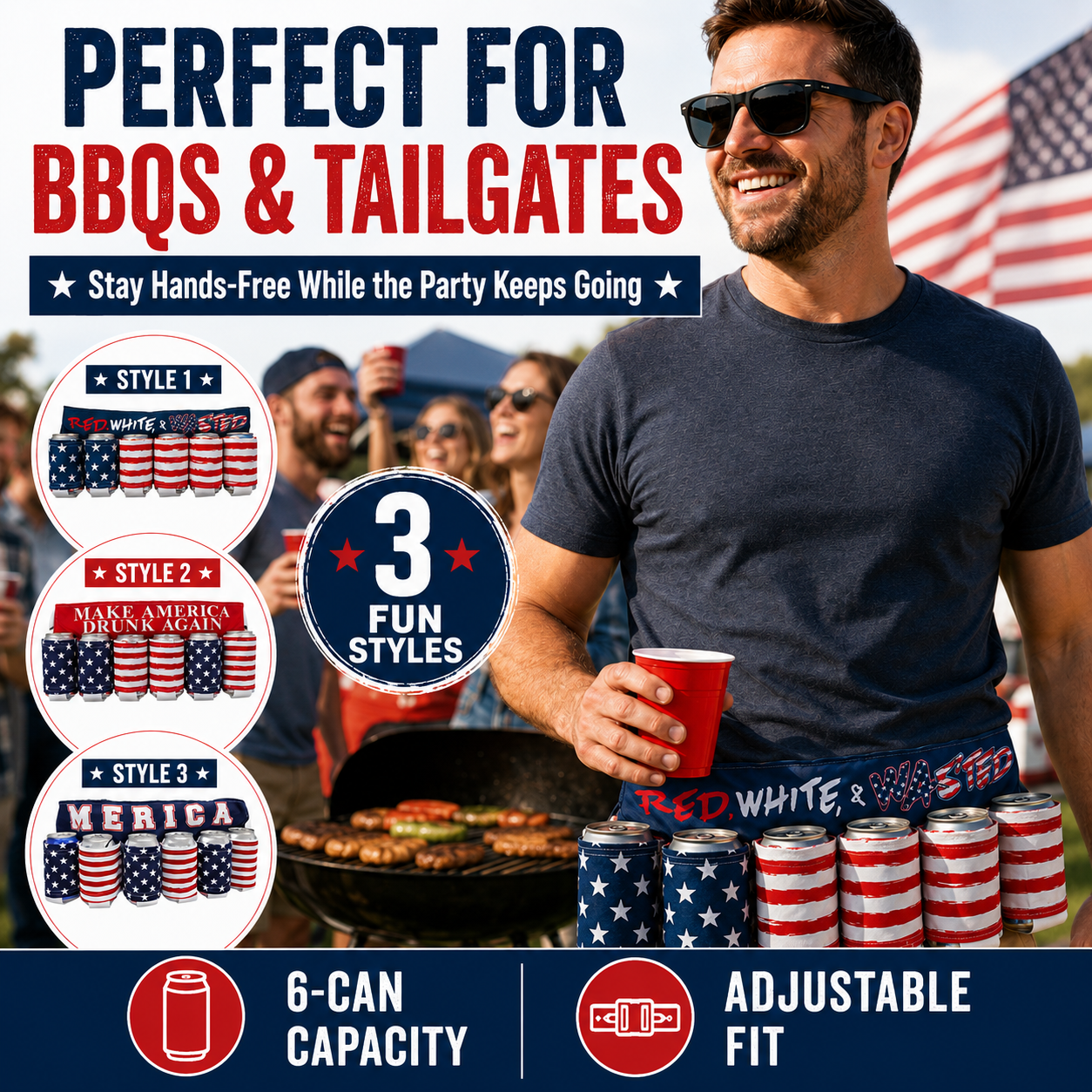 Party-Ready Drink Belt – Hands-Free 6-Can Beer & Soda Carrier 🇺🇸🍺