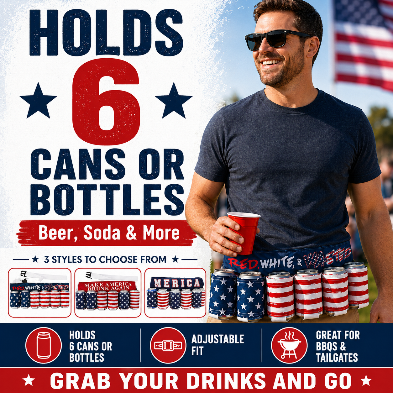 Party-Ready Drink Belt – Hands-Free 6-Can Beer & Soda Carrier 🇺🇸🍺