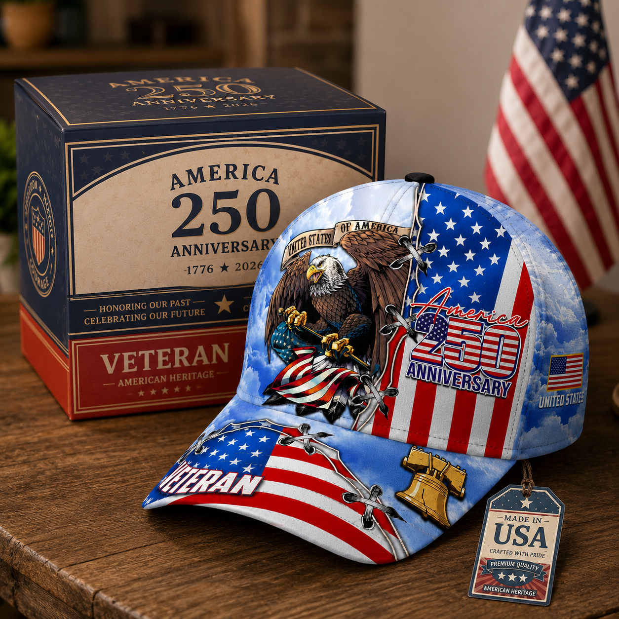 🇺🇸 America 250 Veteran Eagle Baseball Cap – Proudly Made for Patriots