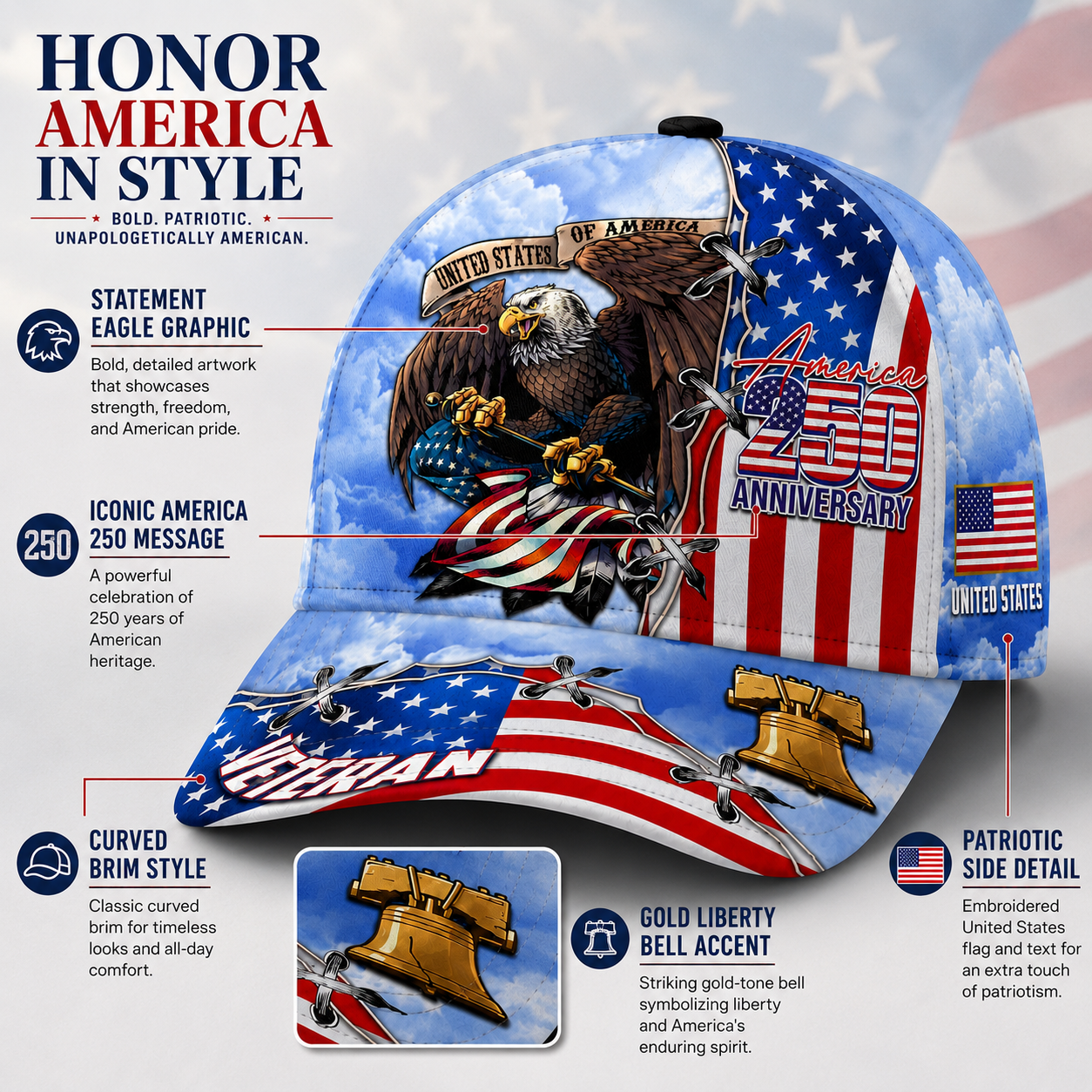 🇺🇸 America 250 Veteran Eagle Baseball Cap – Proudly Made for Patriots