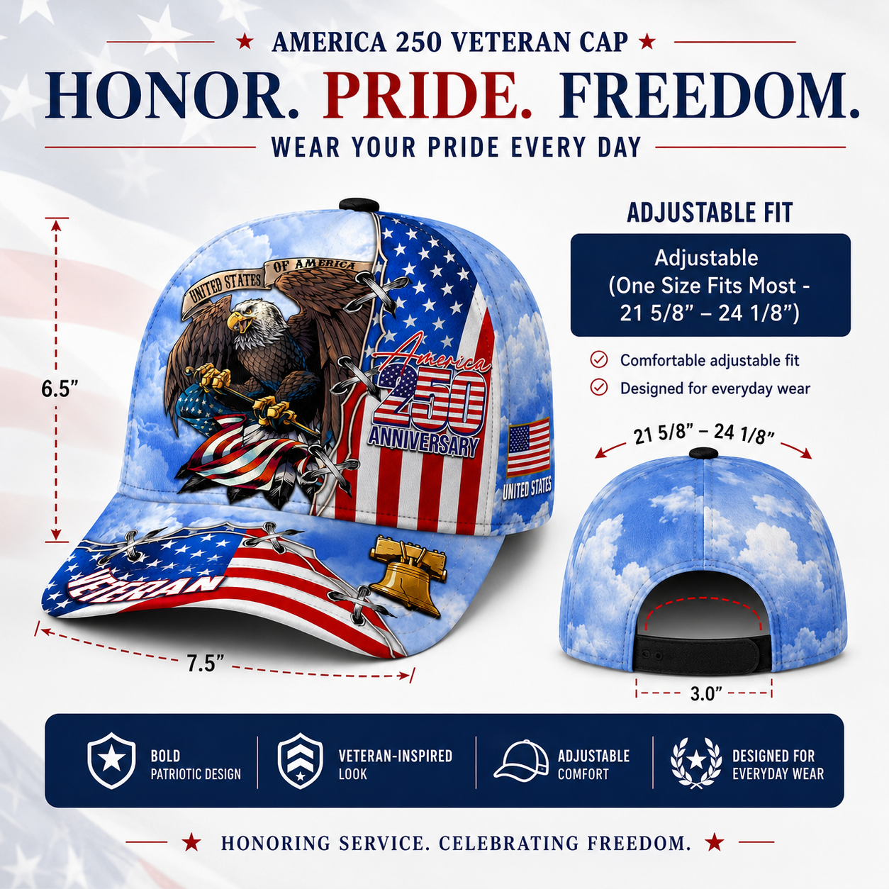 🇺🇸 America 250 Veteran Eagle Baseball Cap – Proudly Made for Patriots