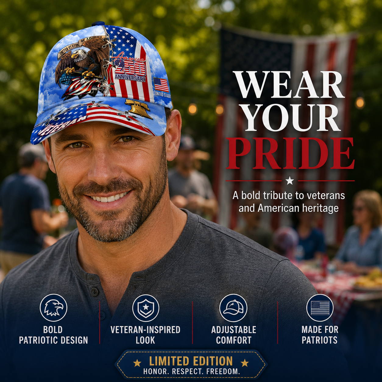 🇺🇸 America 250 Veteran Eagle Baseball Cap – Proudly Made for Patriots