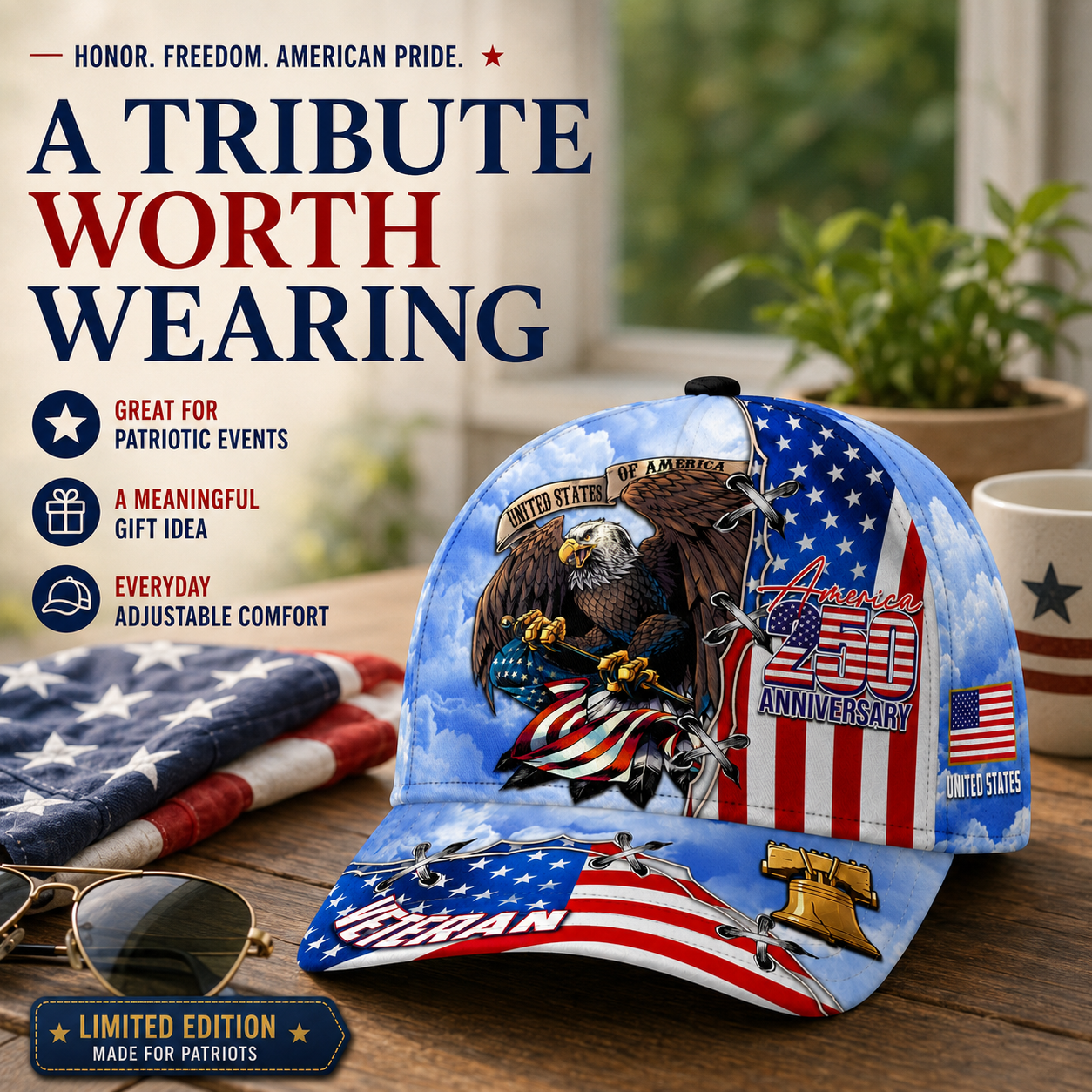 🇺🇸 America 250 Veteran Eagle Baseball Cap – Proudly Made for Patriots