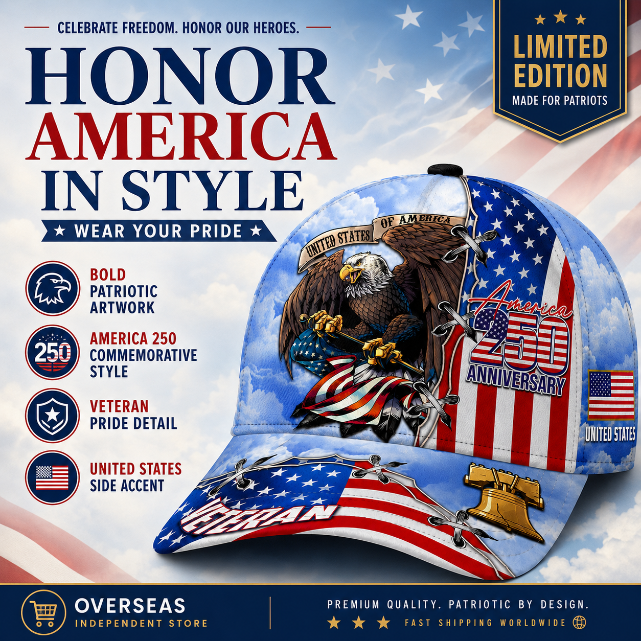 🇺🇸 America 250 Veteran Eagle Baseball Cap – Proudly Made for Patriots