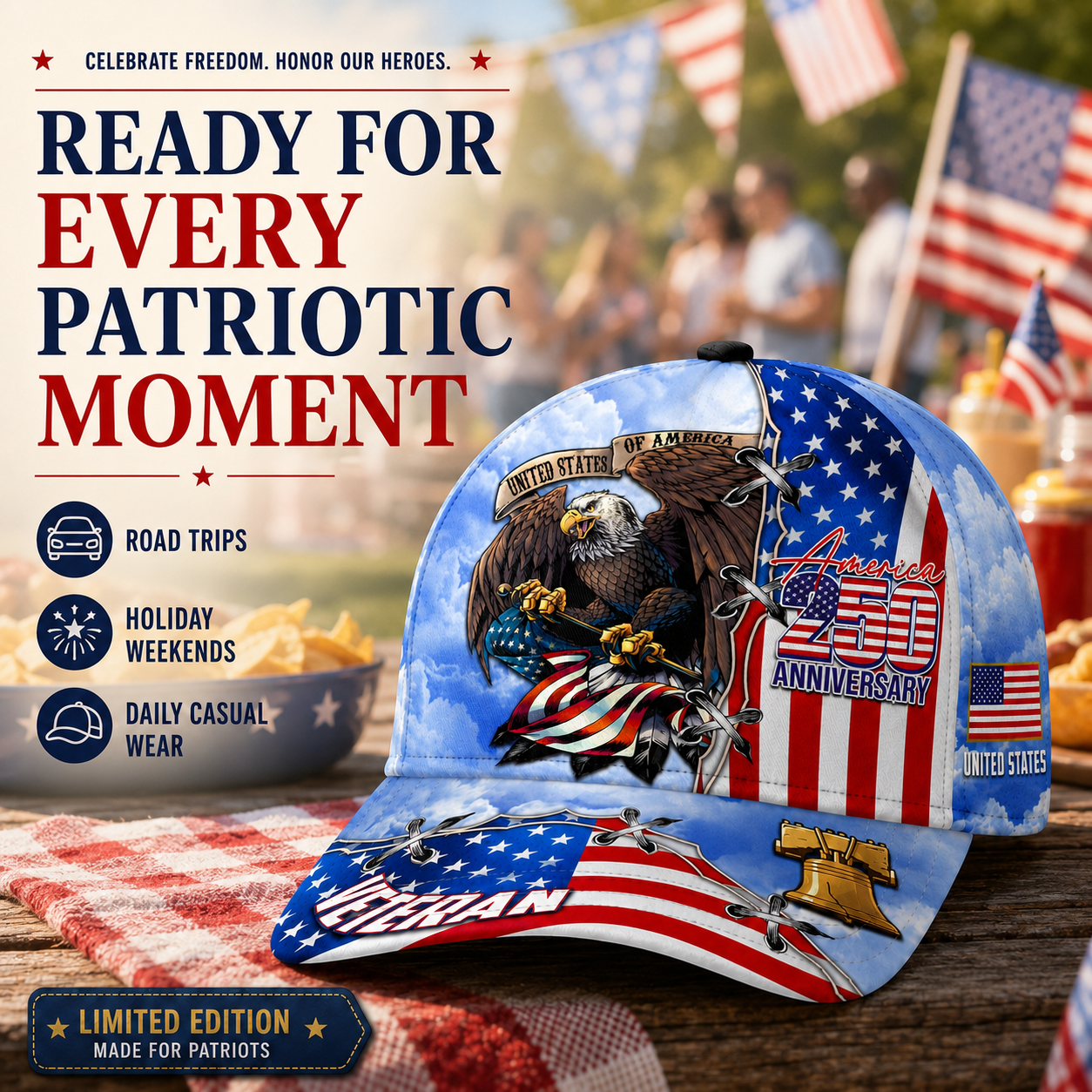 🇺🇸 America 250 Veteran Eagle Baseball Cap – Proudly Made for Patriots