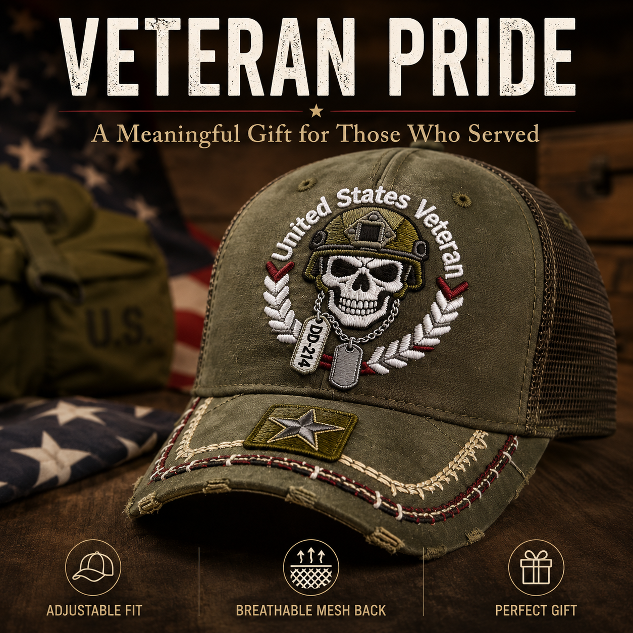 United States Veteran DD-214 Distressed Embroidered Trucker Hat 🇺🇸 | Veteran Pride Mesh Cap