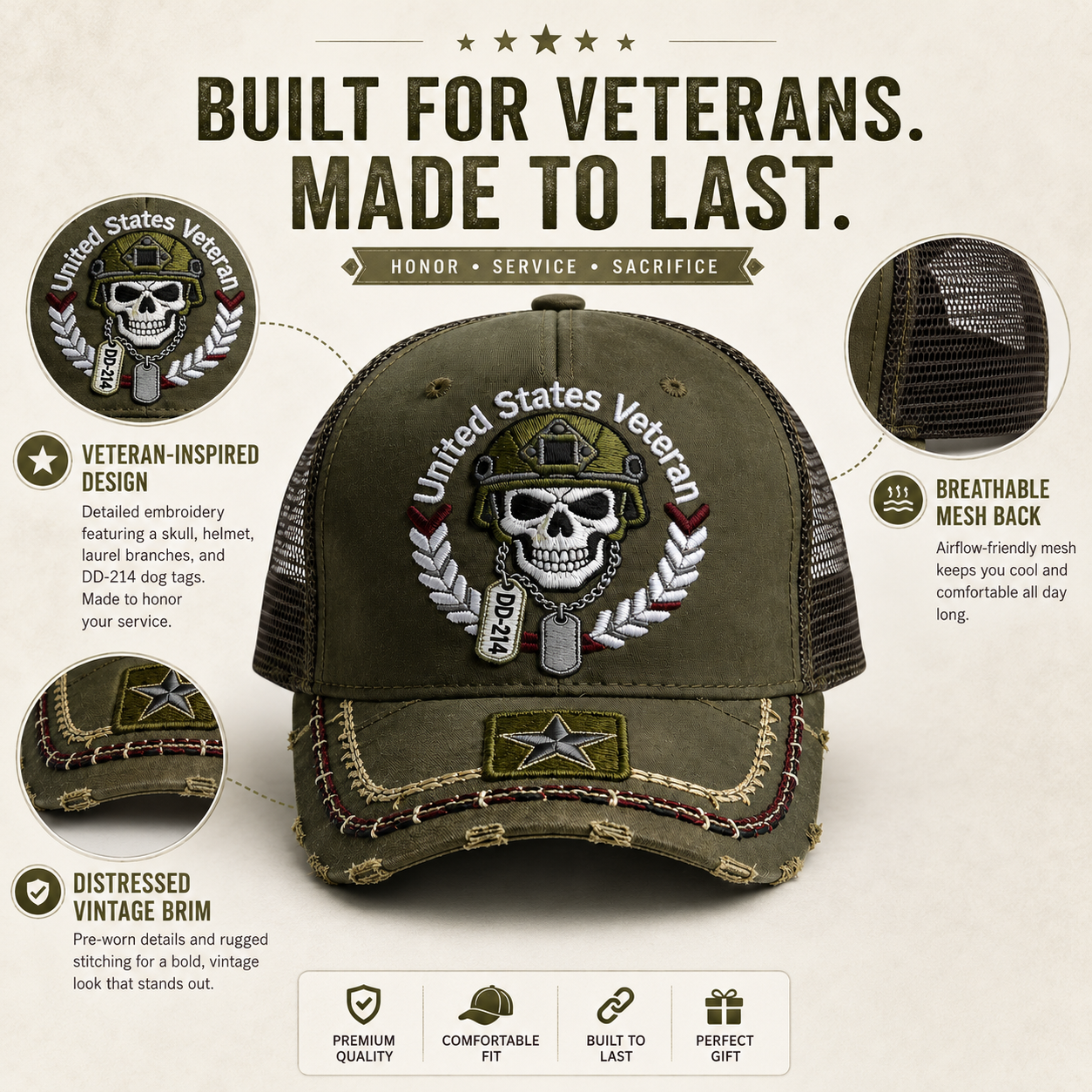 United States Veteran DD-214 Distressed Embroidered Trucker Hat 🇺🇸 | Veteran Pride Mesh Cap