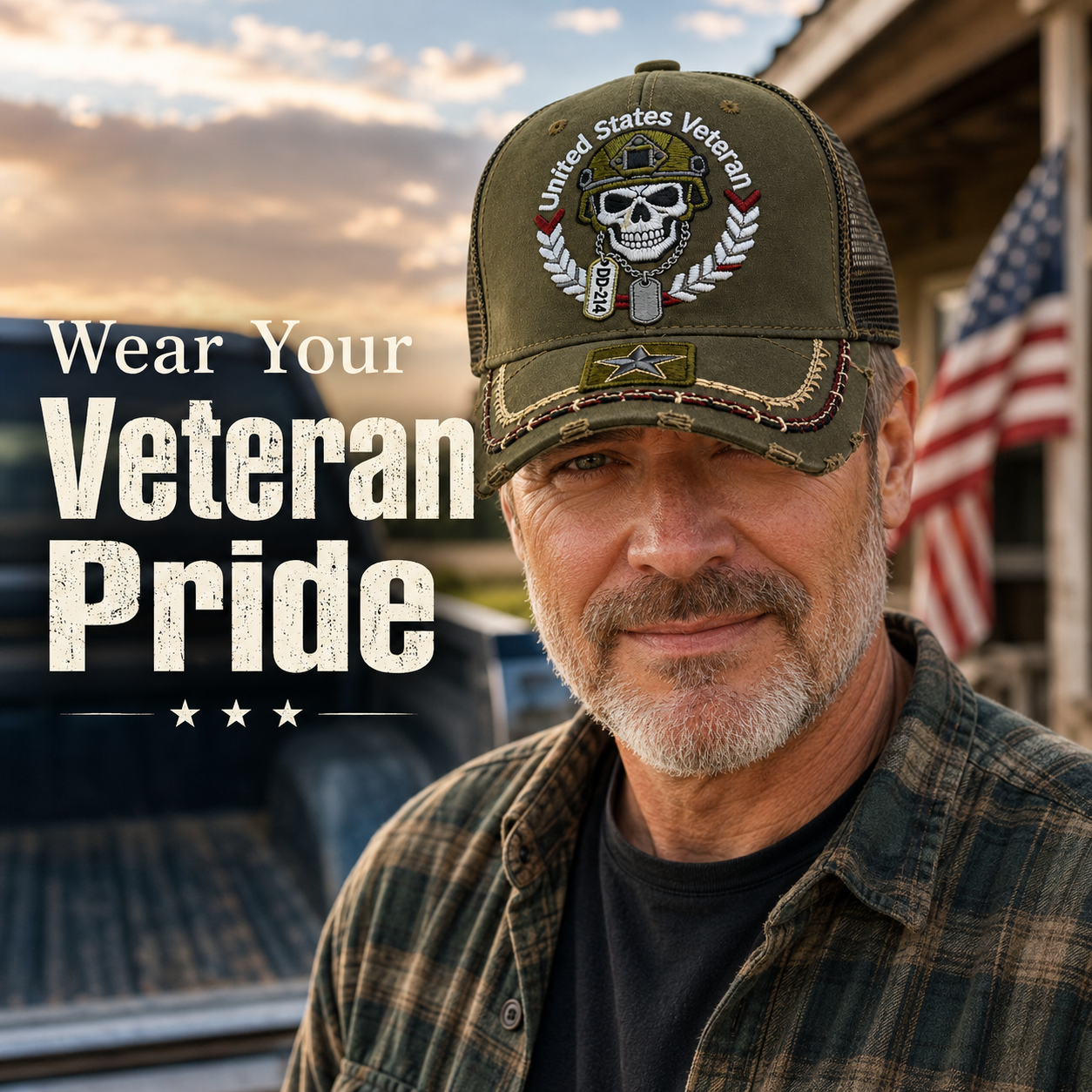United States Veteran DD-214 Distressed Embroidered Trucker Hat 🇺🇸 | Veteran Pride Mesh Cap