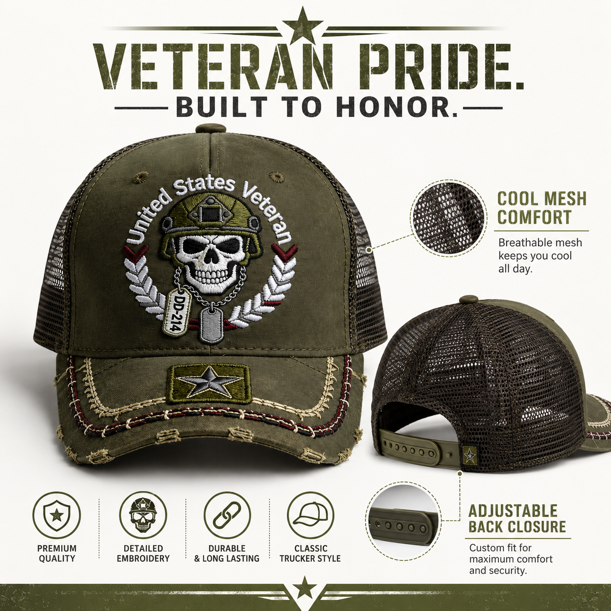United States Veteran DD-214 Distressed Embroidered Trucker Hat 🇺🇸 | Veteran Pride Mesh Cap