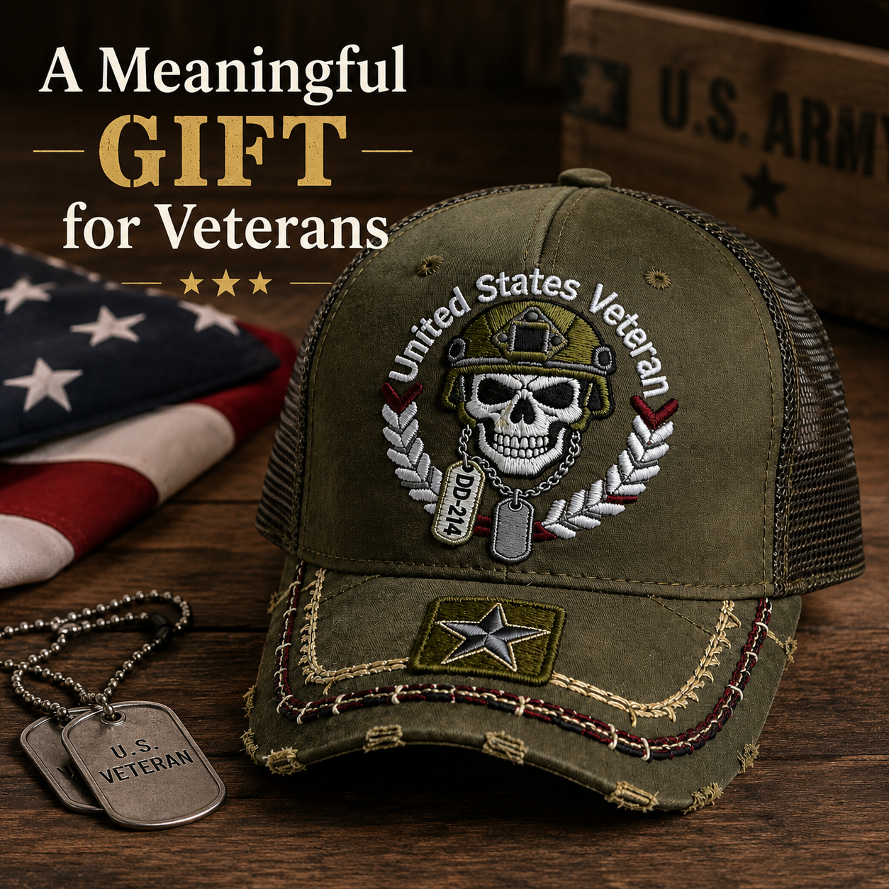 United States Veteran DD-214 Distressed Embroidered Trucker Hat 🇺🇸 | Veteran Pride Mesh Cap