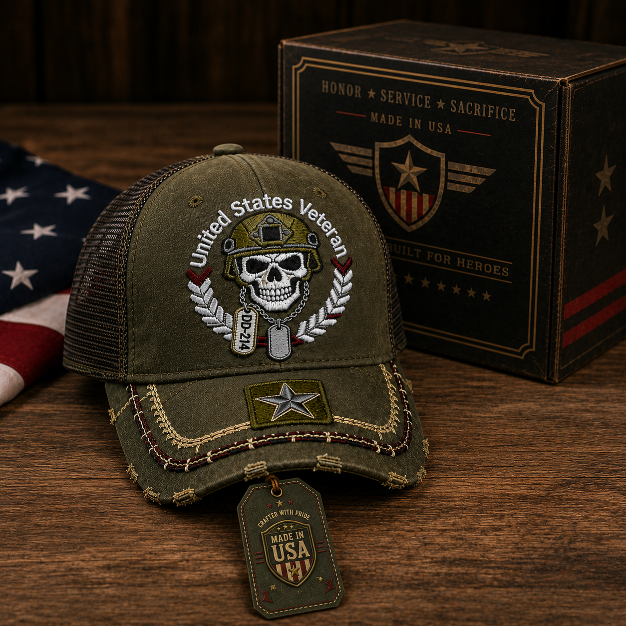 United States Veteran DD-214 Distressed Embroidered Trucker Hat 🇺🇸 | Veteran Pride Mesh Cap