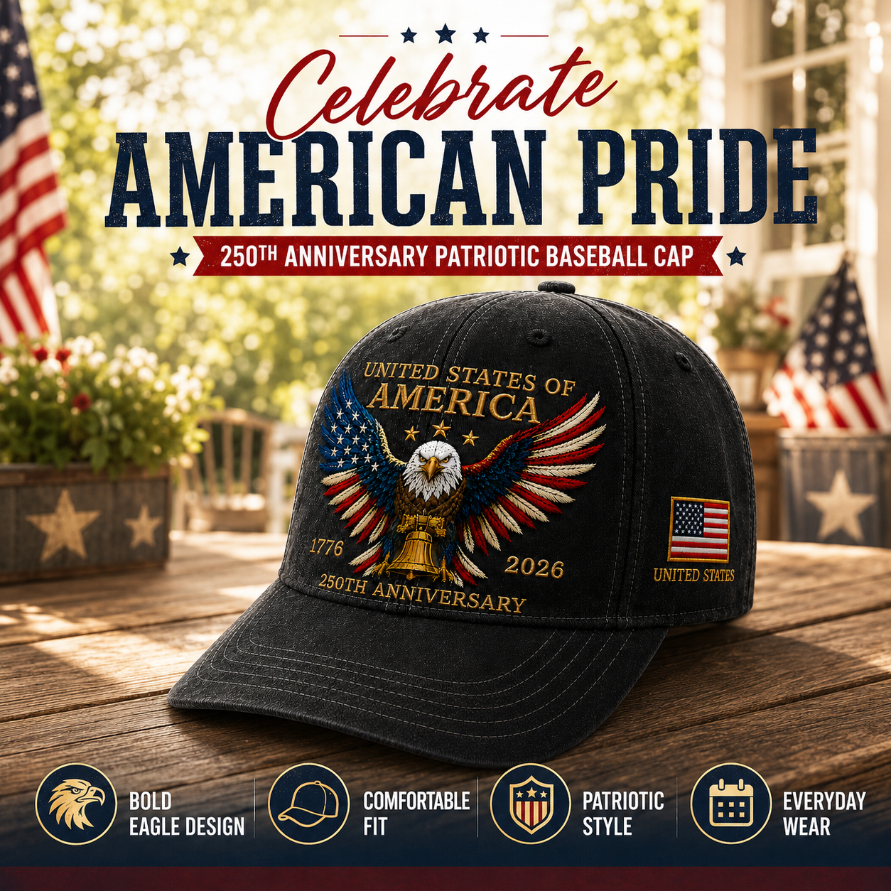 250th Anniversary Patriotic Eagle Baseball Cap – United States of America Pride Hat