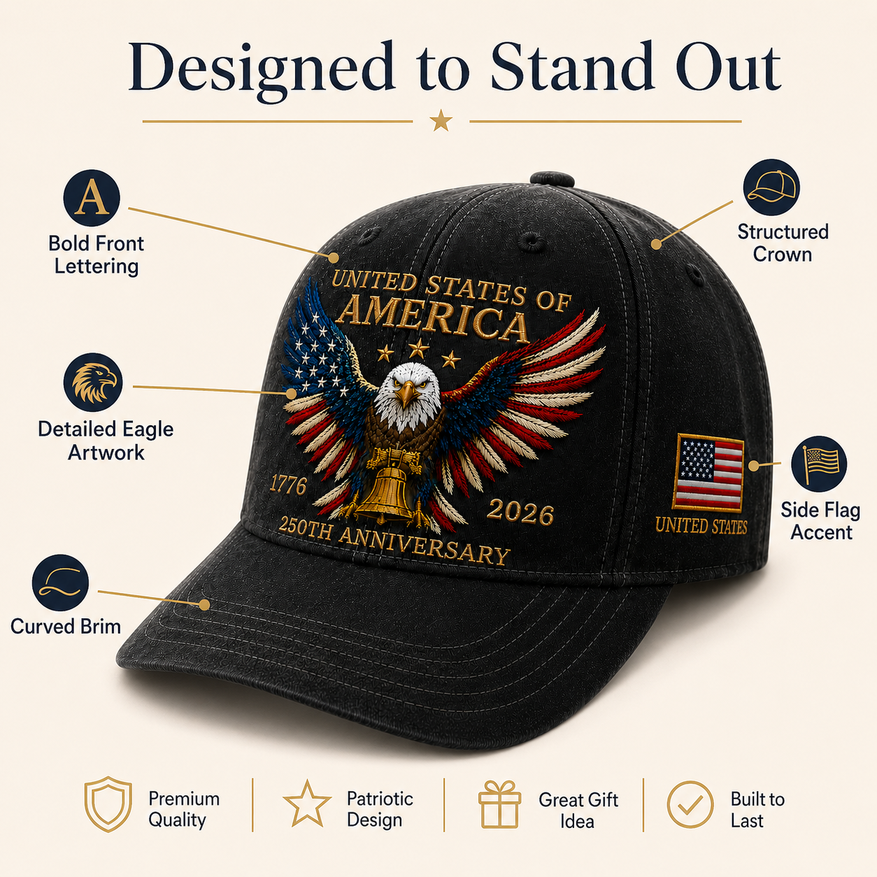 250th Anniversary Patriotic Eagle Baseball Cap – United States of America Pride Hat