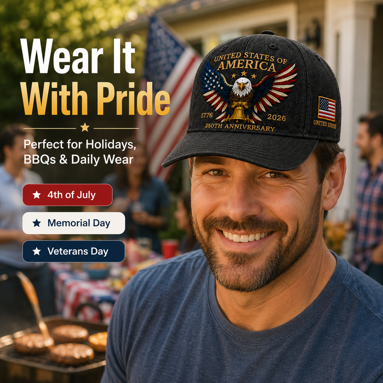 250th Anniversary Patriotic Eagle Baseball Cap – United States of America Pride Hat