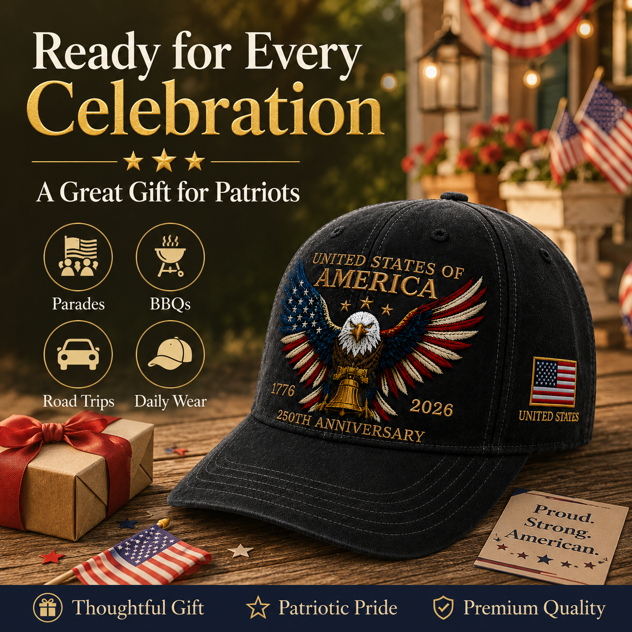 250th Anniversary Patriotic Eagle Baseball Cap – United States of America Pride Hat