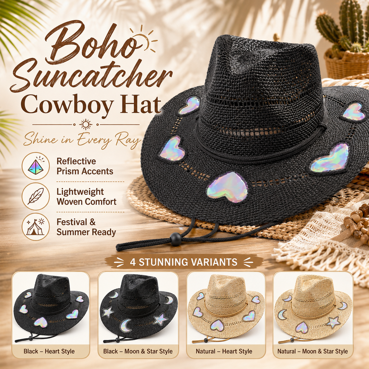 🏆Flash Sale⚡ 50K+ SOLD! Almost Gone-💥🔥Suncatcher Cowgirl Straw Prism Hat