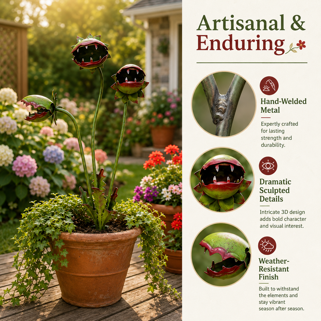 Whimsical Metal Venus Flytrap Garden Stake – Handcrafted Outdoor Carnivorous Plant Decor – Unique Gardening Gift