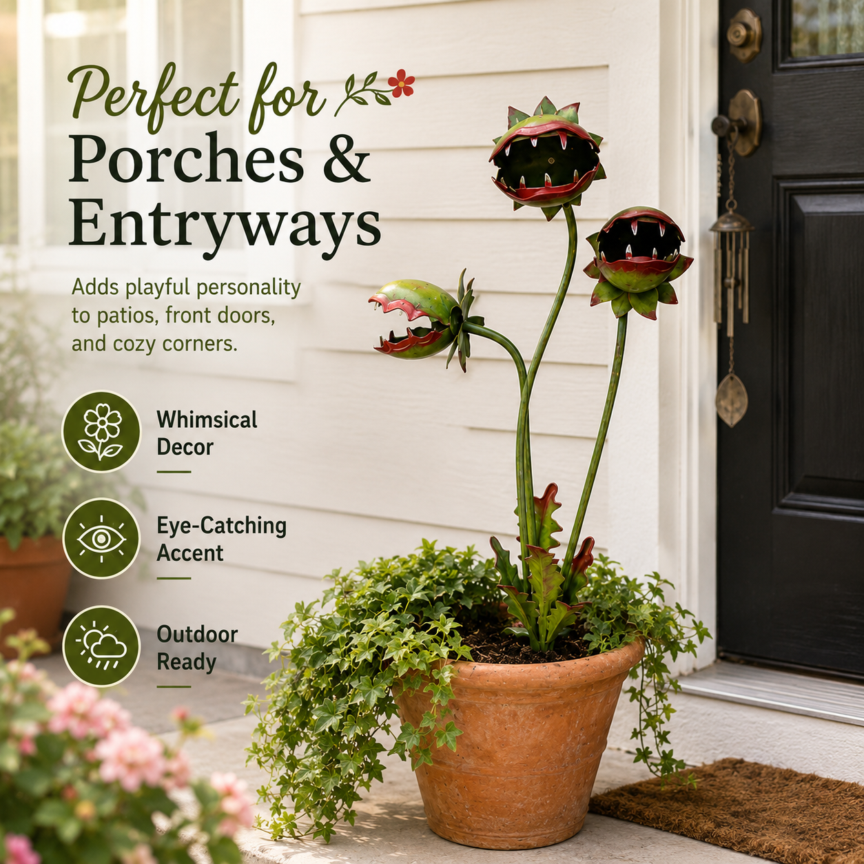 Whimsical Metal Venus Flytrap Garden Stake – Handcrafted Outdoor Carnivorous Plant Decor – Unique Gardening Gift