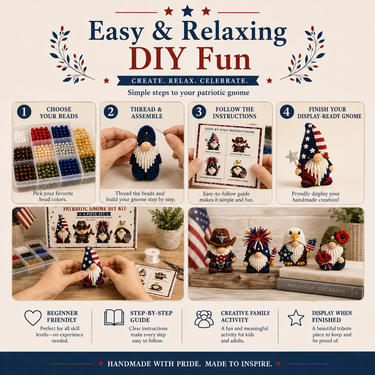 3D Beaded Patriotic Gnome DIY Kit – 4-Piece Handmade Craft Set 🇺🇸✨