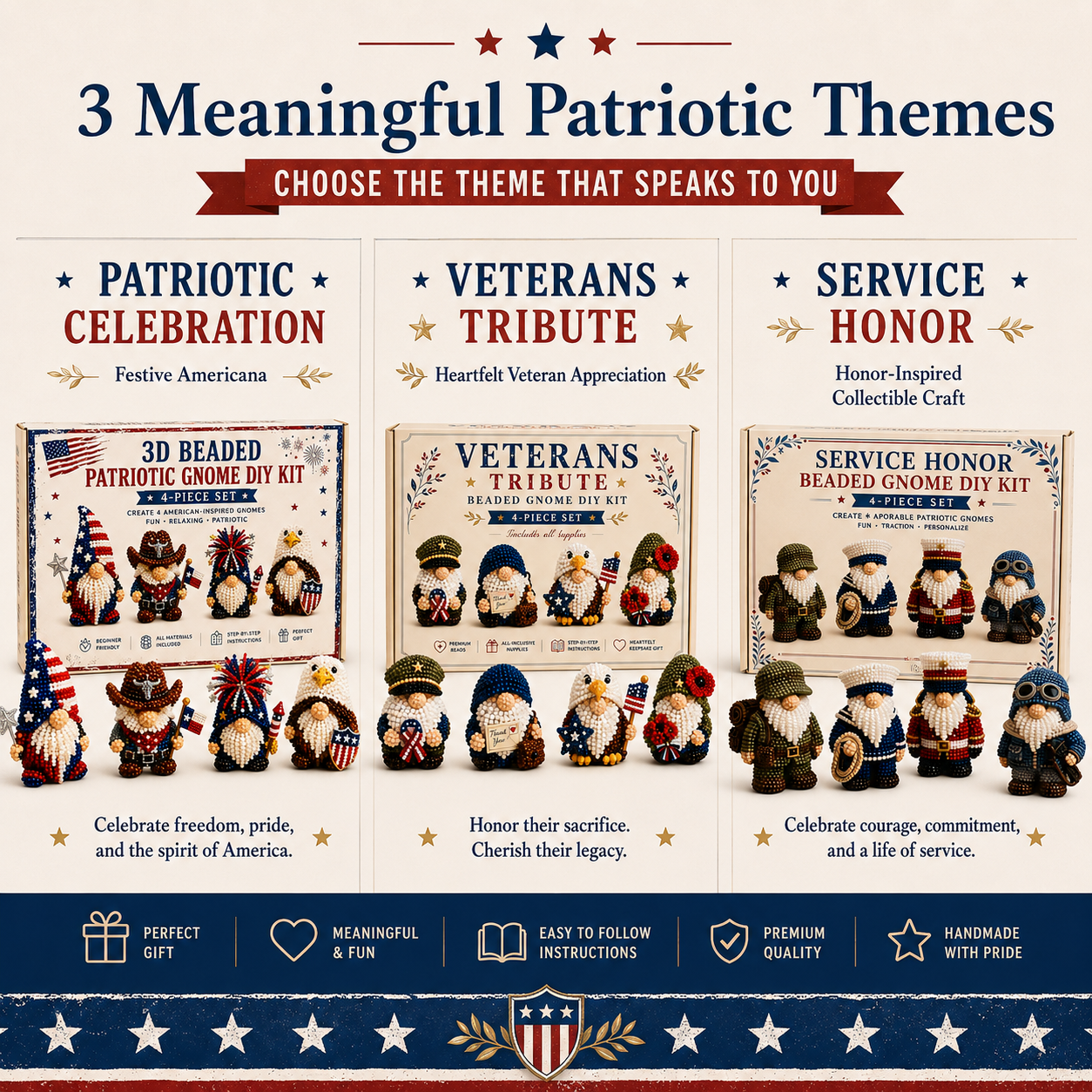 3D Beaded Patriotic Gnome DIY Kit – 4-Piece Handmade Craft Set 🇺🇸✨