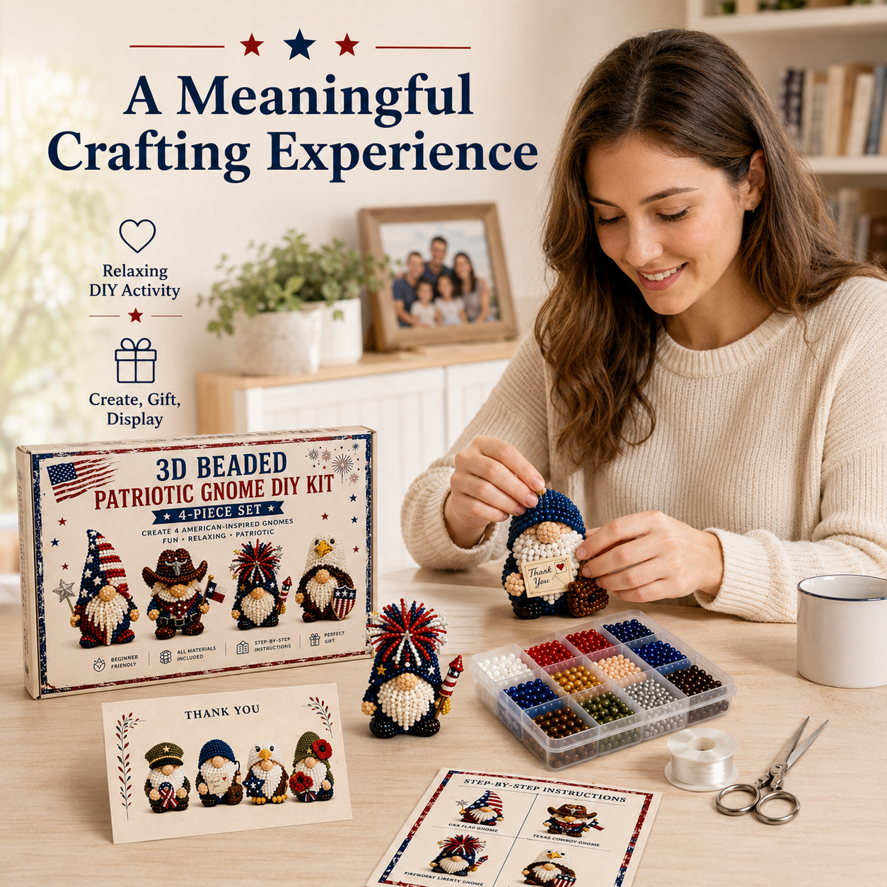 3D Beaded Patriotic Gnome DIY Kit – 4-Piece Handmade Craft Set 🇺🇸✨