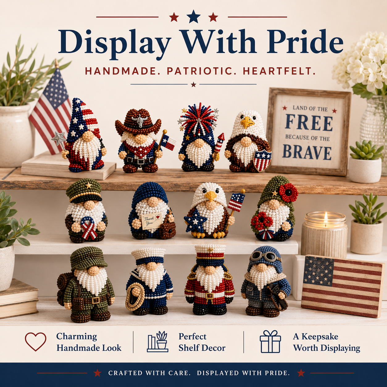 3D Beaded Patriotic Gnome DIY Kit – 4-Piece Handmade Craft Set 🇺🇸✨