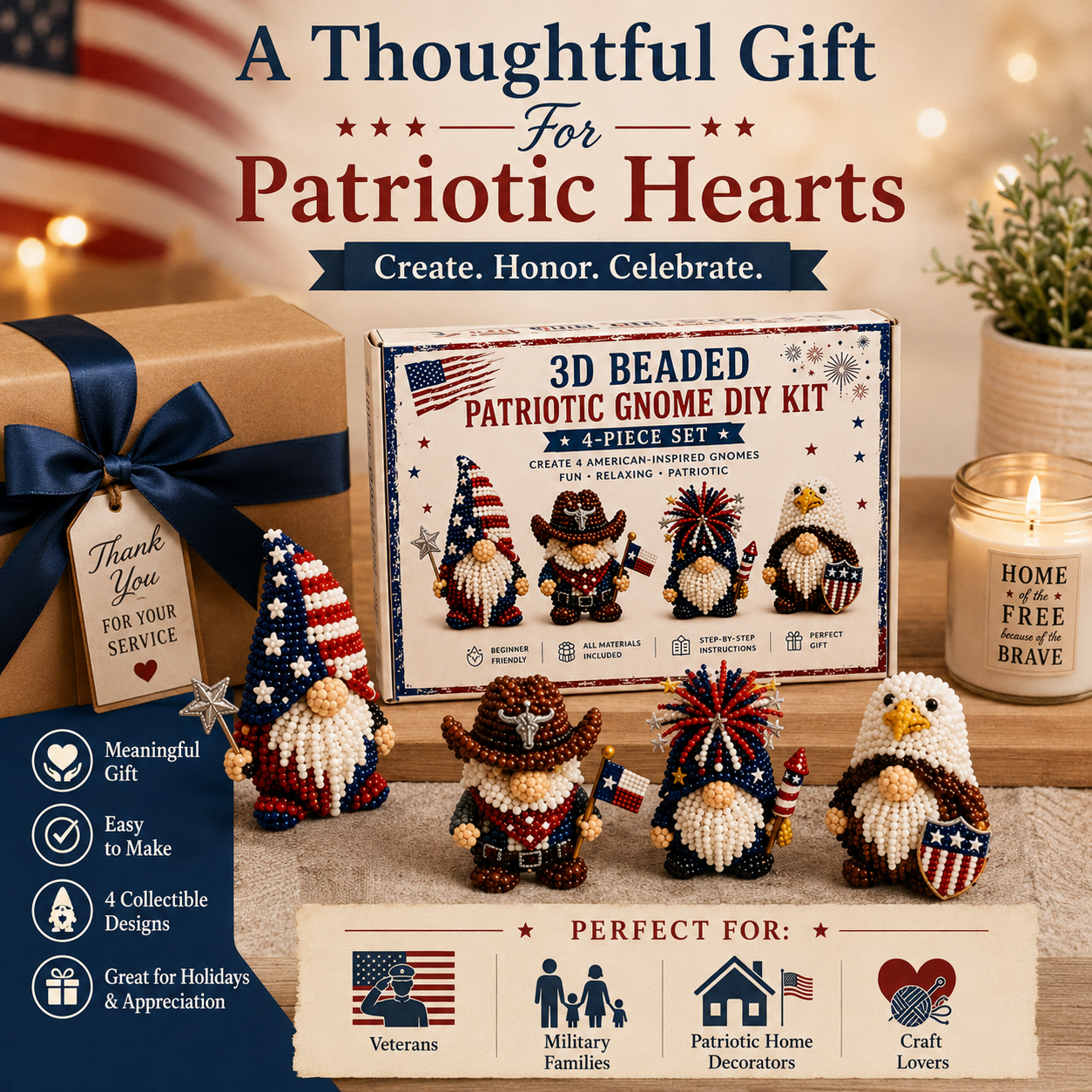 3D Beaded Patriotic Gnome DIY Kit – 4-Piece Handmade Craft Set 🇺🇸✨