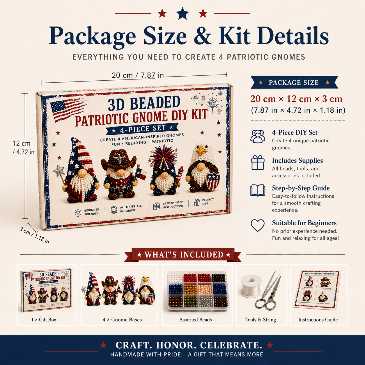 3D Beaded Patriotic Gnome DIY Kit – 4-Piece Handmade Craft Set 🇺🇸✨