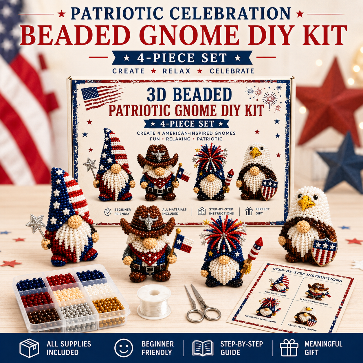 3D Beaded Patriotic Gnome DIY Kit – 4-Piece Handmade Craft Set 🇺🇸✨