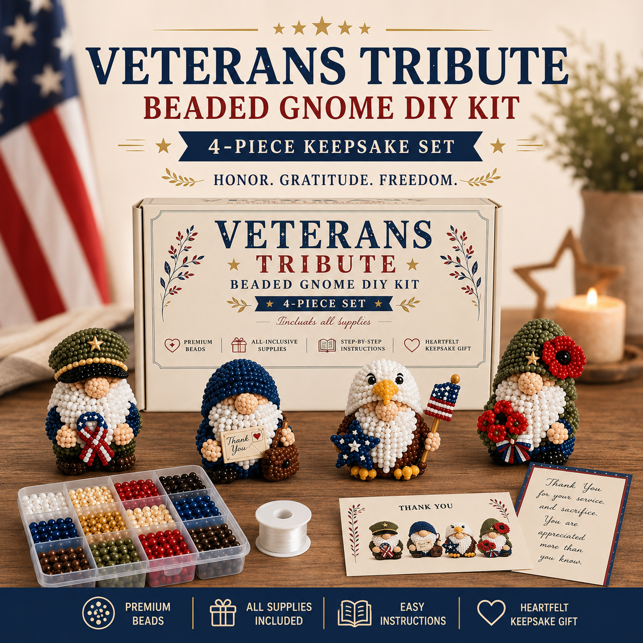 3D Beaded Patriotic Gnome DIY Kit – 4-Piece Handmade Craft Set 🇺🇸✨