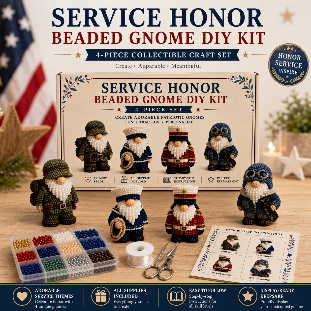 3D Beaded Patriotic Gnome DIY Kit – 4-Piece Handmade Craft Set 🇺🇸✨