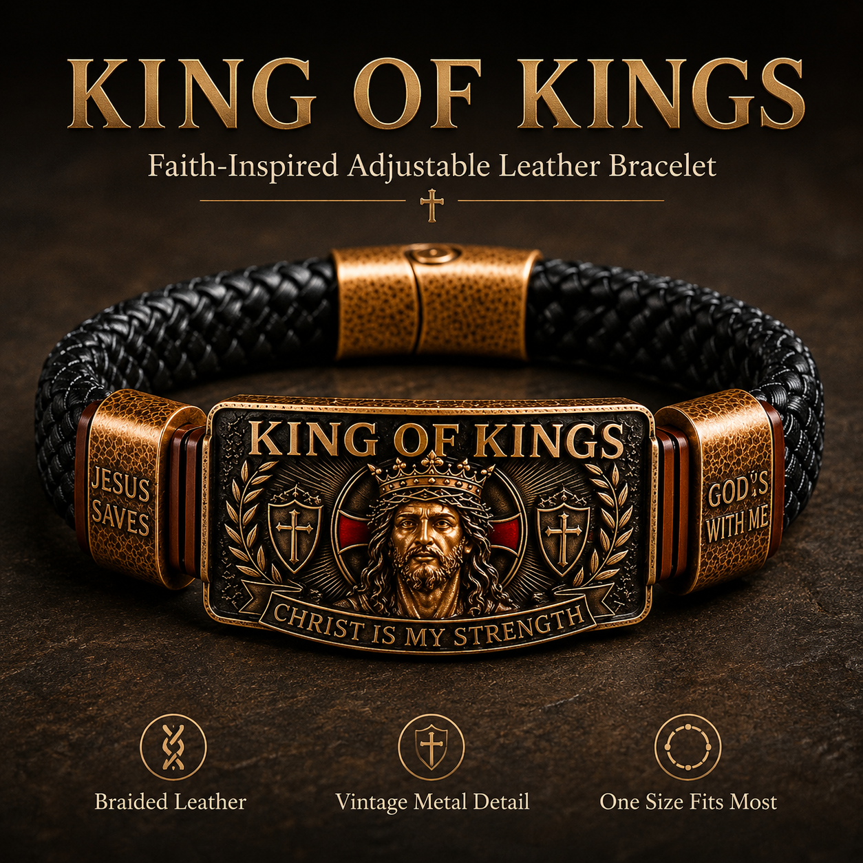 King of Kings Adjustable Braided Leather Bracelet ✝️