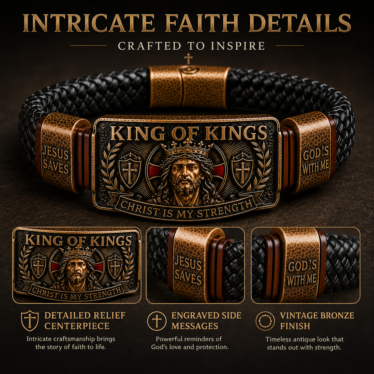 King of Kings Adjustable Braided Leather Bracelet ✝️