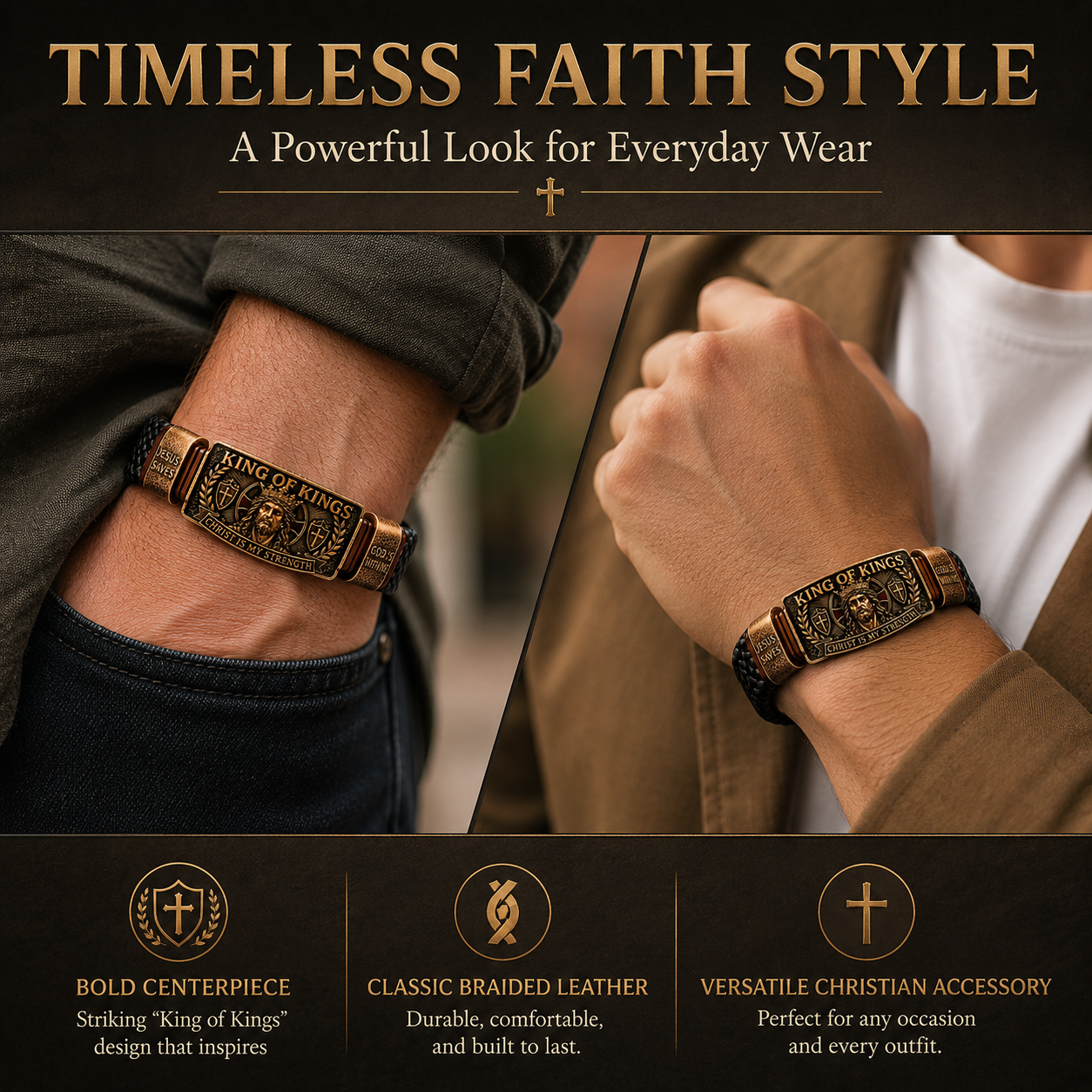 King of Kings Adjustable Braided Leather Bracelet ✝️