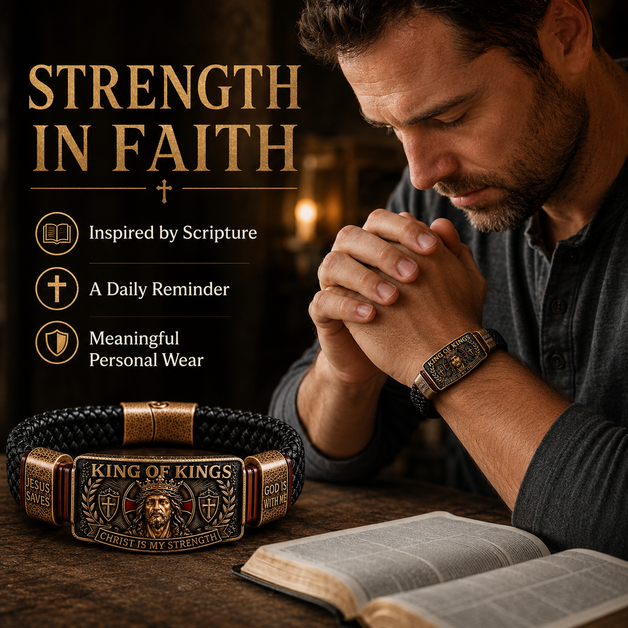 King of Kings Adjustable Braided Leather Bracelet ✝️