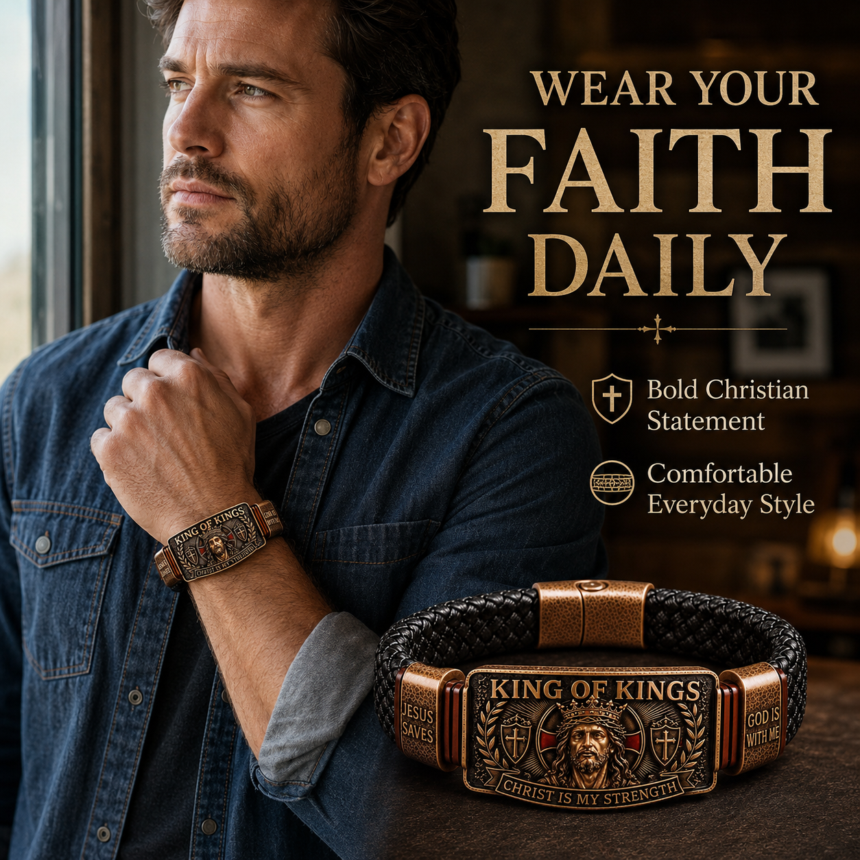 King of Kings Adjustable Braided Leather Bracelet ✝️