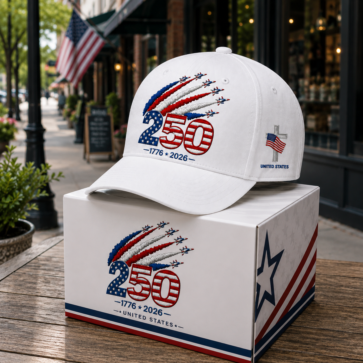 🎉Patriotic 4th of July ❤️ 🇺🇸 250th Anniversary Patriotic Embroidered Cap – Red, White & Blue Jet Trail Design 🇺🇸