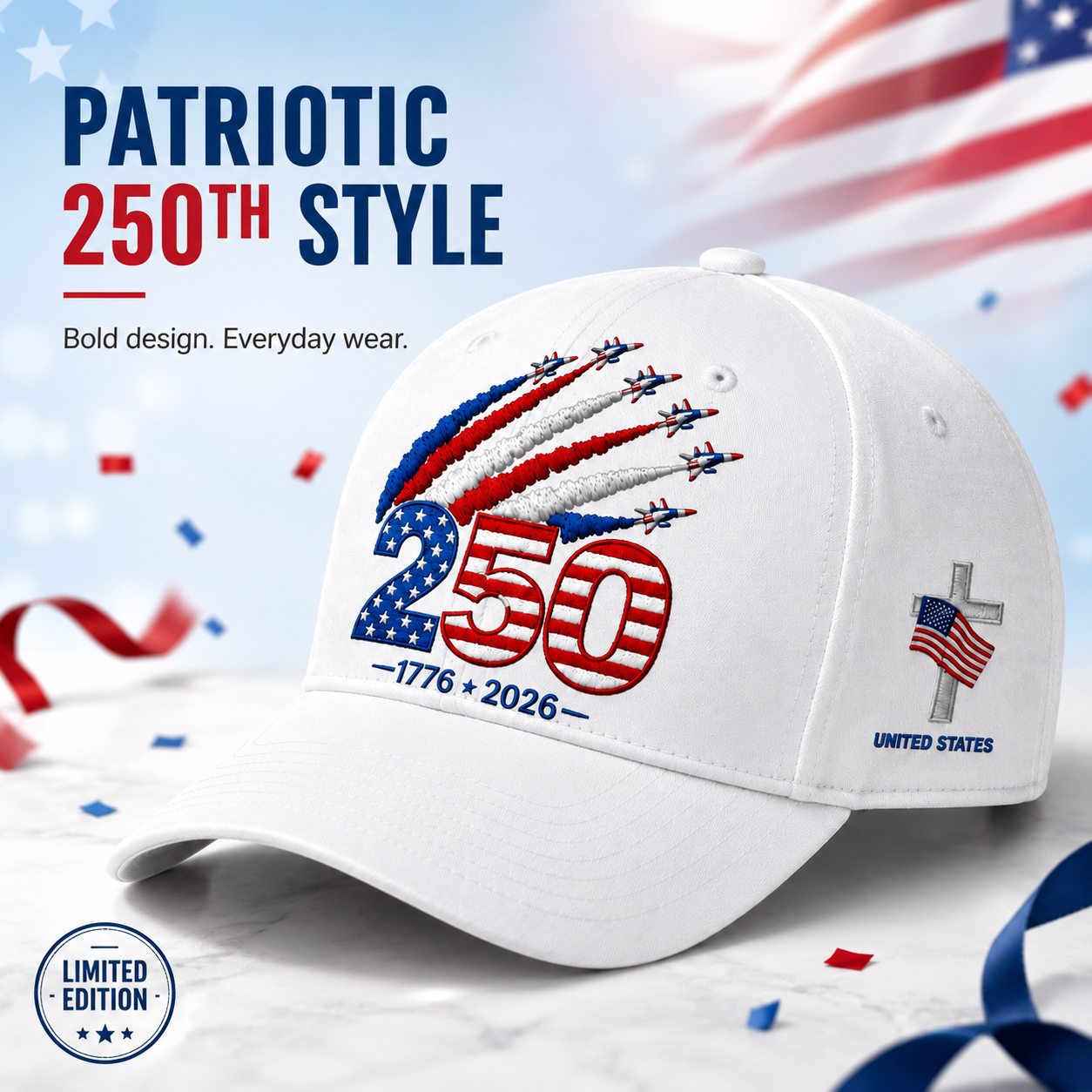 🎉Patriotic 4th of July ❤️ 🇺🇸 250th Anniversary Patriotic Embroidered Cap – Red, White & Blue Jet Trail Design 🇺🇸