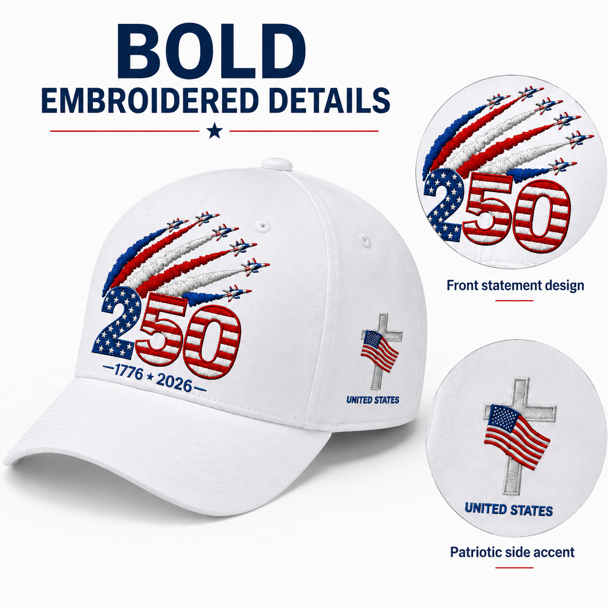 🎉Patriotic 4th of July ❤️ 🇺🇸 250th Anniversary Patriotic Embroidered Cap – Red, White & Blue Jet Trail Design 🇺🇸