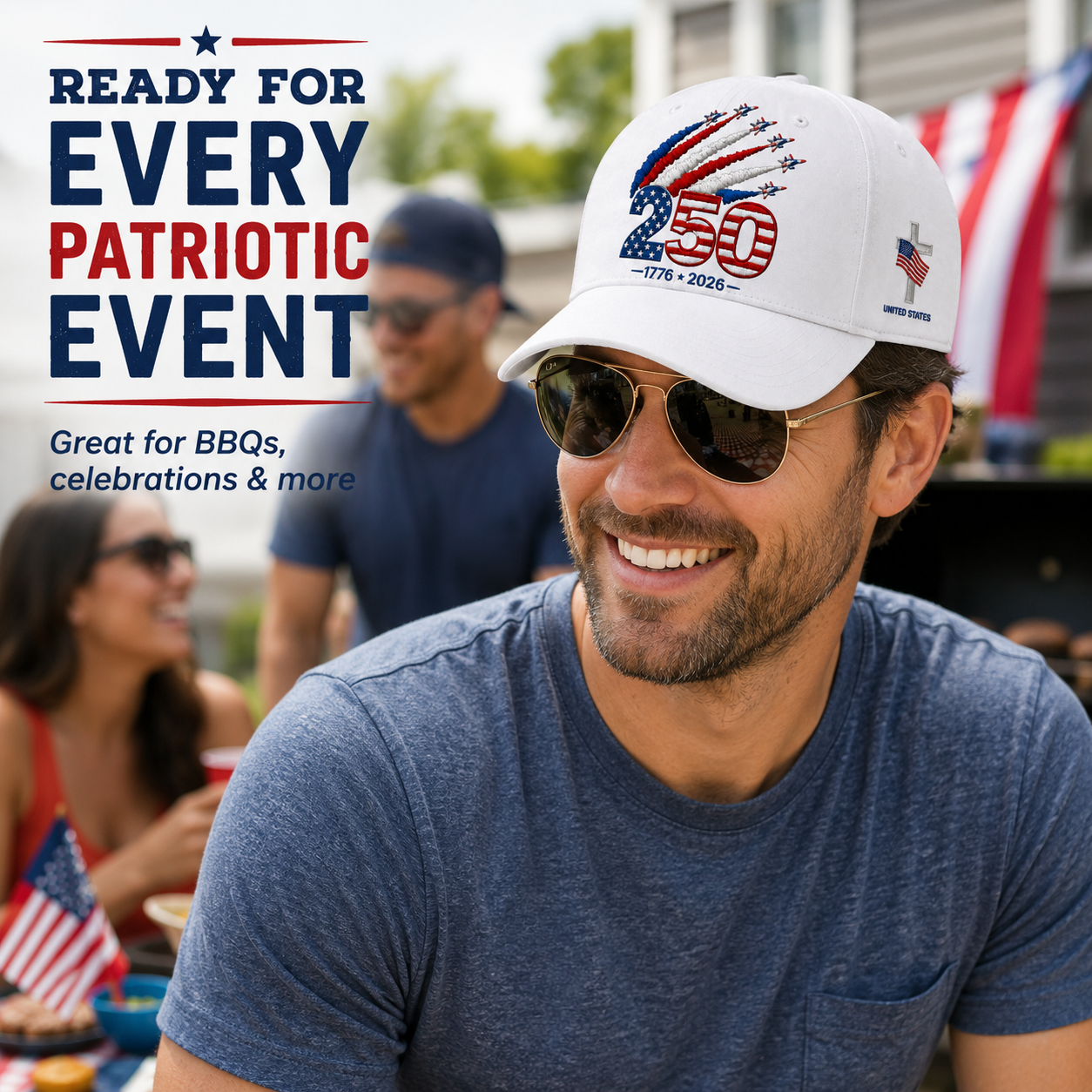 🎉Patriotic 4th of July ❤️ 🇺🇸 250th Anniversary Patriotic Embroidered Cap – Red, White & Blue Jet Trail Design 🇺🇸