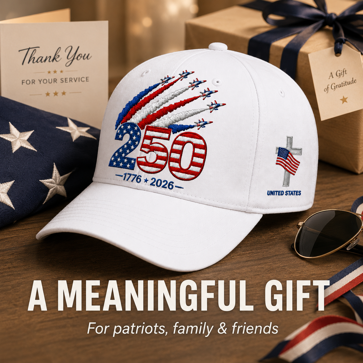 🎉Patriotic 4th of July ❤️ 🇺🇸 250th Anniversary Patriotic Embroidered Cap – Red, White & Blue Jet Trail Design 🇺🇸