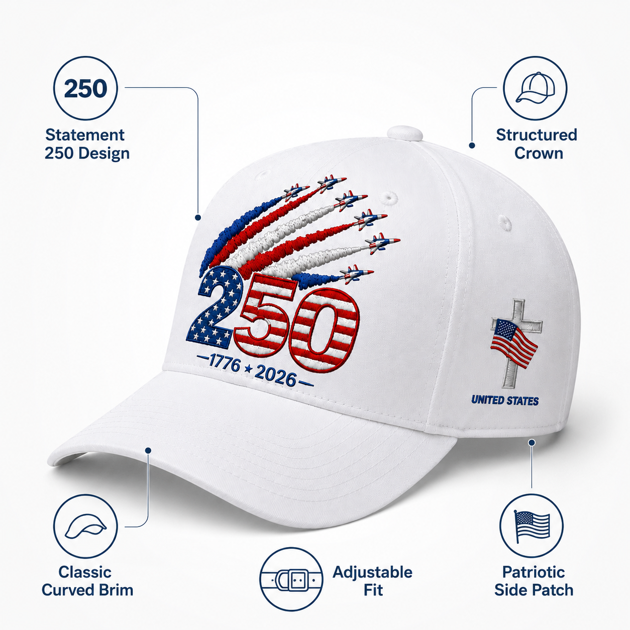 🎉Patriotic 4th of July ❤️ 🇺🇸 250th Anniversary Patriotic Embroidered Cap – Red, White & Blue Jet Trail Design 🇺🇸