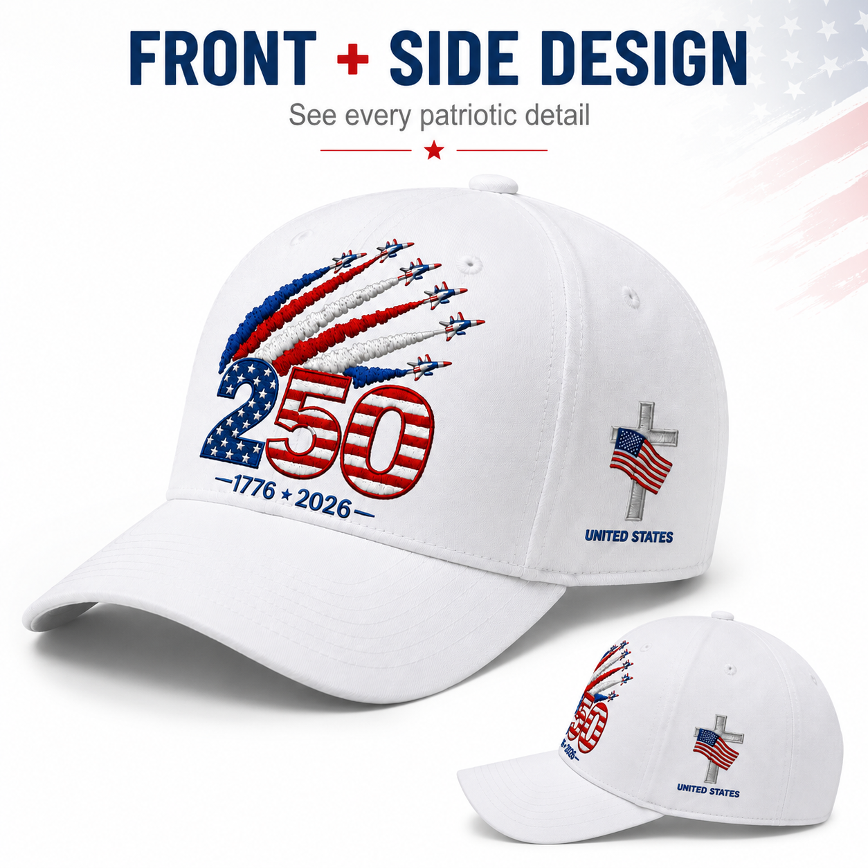🎉Patriotic 4th of July ❤️ 🇺🇸 250th Anniversary Patriotic Embroidered Cap – Red, White & Blue Jet Trail Design 🇺🇸