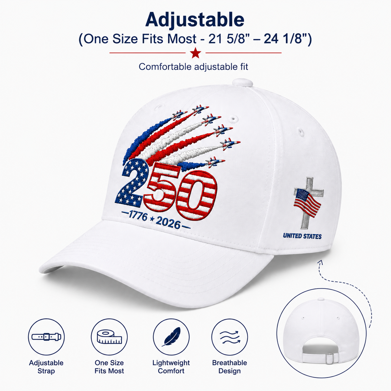 🎉Patriotic 4th of July ❤️ 🇺🇸 250th Anniversary Patriotic Embroidered Cap – Red, White & Blue Jet Trail Design 🇺🇸