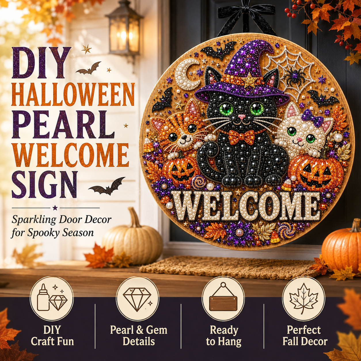 DIY Halloween Pearl Welcome Sign – Sparkling Cat & Pumpkin Door Porch Decor for Fall Home Decoration 🐈‍⬛✨