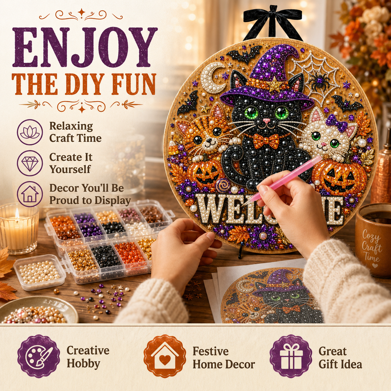 DIY Halloween Pearl Welcome Sign – Sparkling Cat & Pumpkin Door Porch Decor for Fall Home Decoration 🐈‍⬛✨