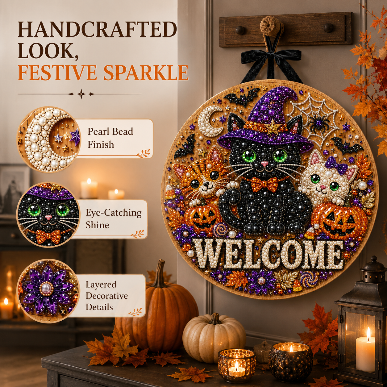 DIY Halloween Pearl Welcome Sign – Sparkling Cat & Pumpkin Door Porch Decor for Fall Home Decoration 🐈‍⬛✨
